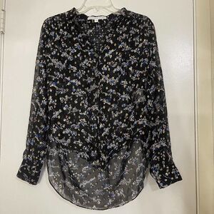 VERONICA BEARD dazed smocked black floral silk button down tie shirt SIze 0 $350